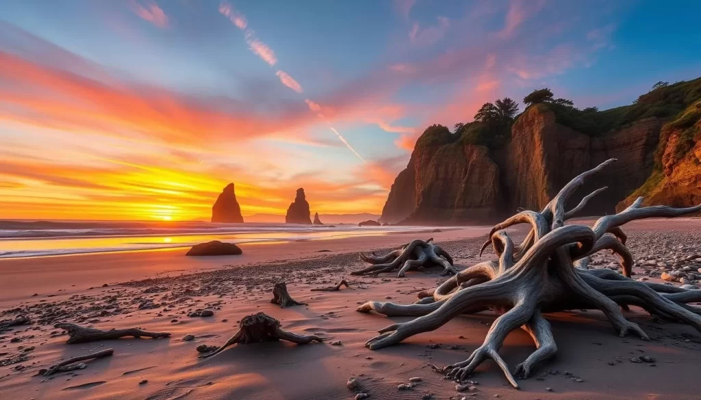 Image of Ruby Beach with sea stacks and driftwood at sunset
