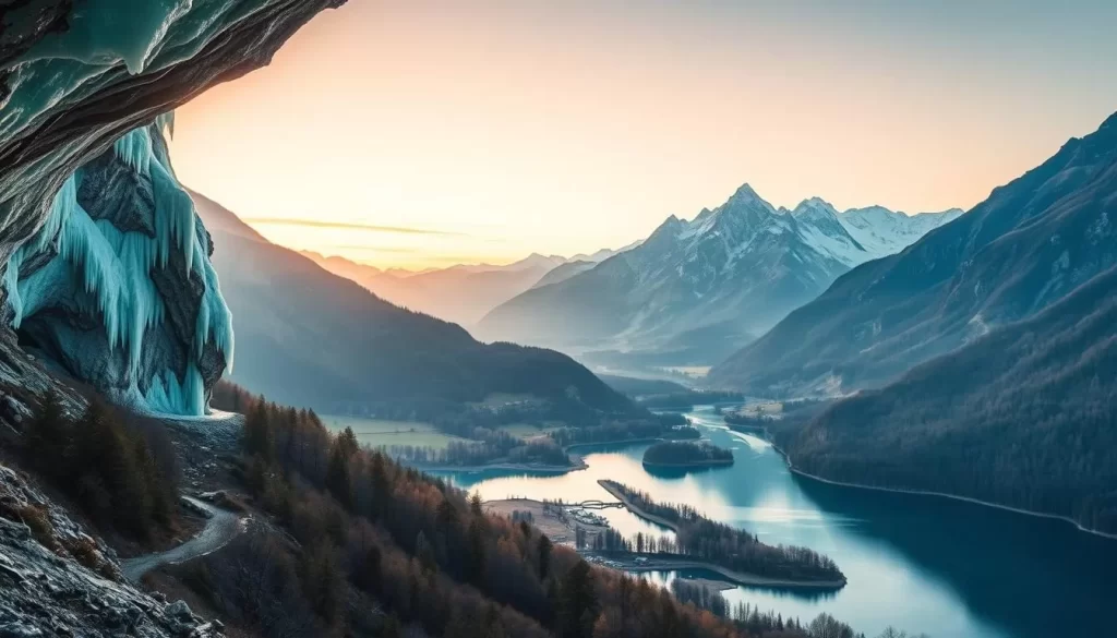 Image of Salzkammergut's diverse natural landscapes, including icy caves, serene valleys, and majestic mountains.