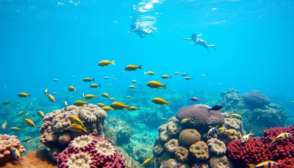 Image of Samaesan Island's coral garden with a variety of fish and snorkelers