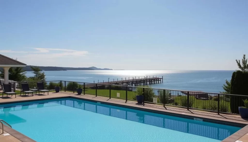 Image of Samoset Resort's outdoor pool overlooking the Rockland Breakwater