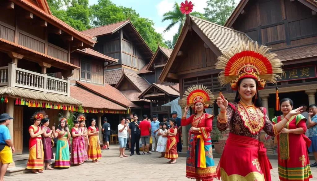 Image of Sarawak Cultural Village with traditional dwellings and cultural performances