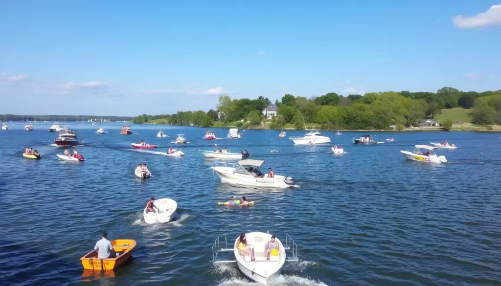 Image of Saylorville Lake with boats and people enjoying water activities