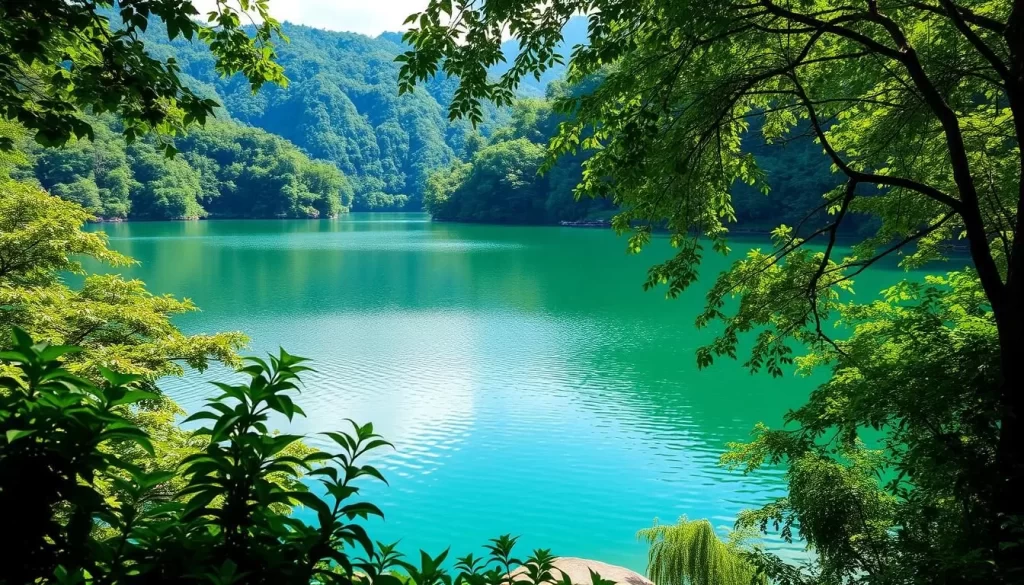 Image of Sera Lake with emerald-green water surrounded by lush greenery