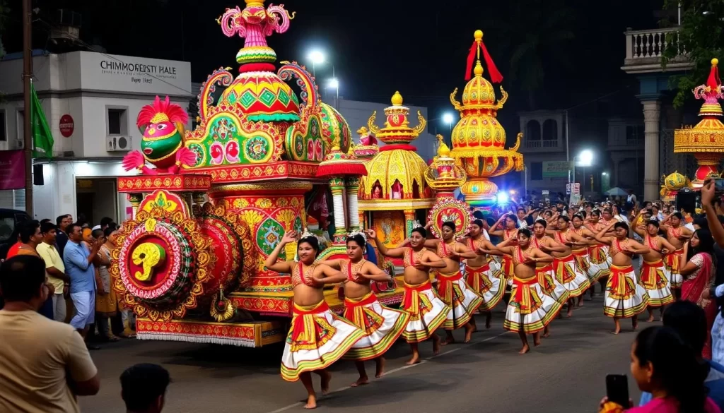 Image of Shigmo Festival procession in Goa with vibrant floats and folk dancers