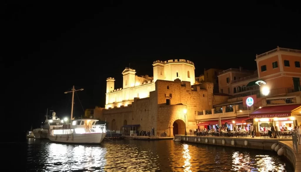 Image of Side's harbor at night with illuminated ancient ruins and lively dining establishments