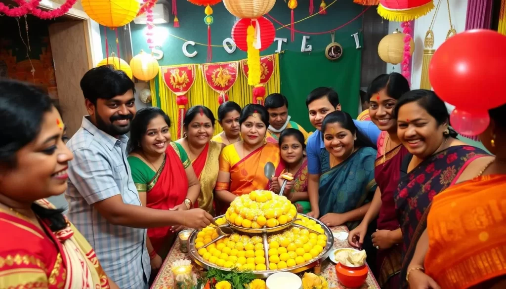 Image of Sinhala and Tamil New Year celebration in Sri Lanka with people gathered around a traditional sweet preparation