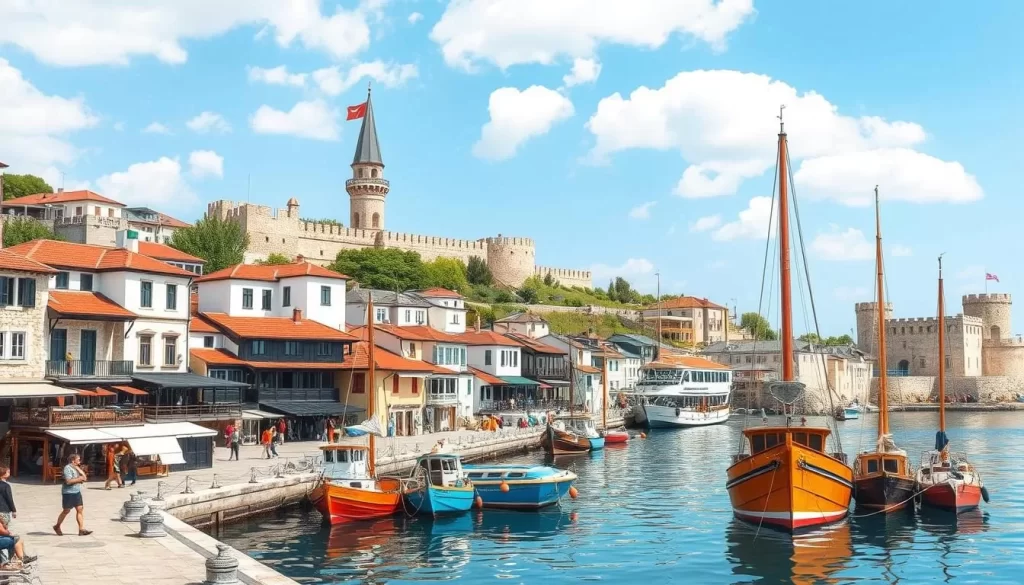 Image of Sinop's historic harbor with Ottoman houses and city fortifications