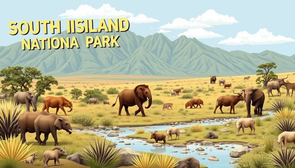 Image of South Island National Park with diverse wildlife, including the Big Five.