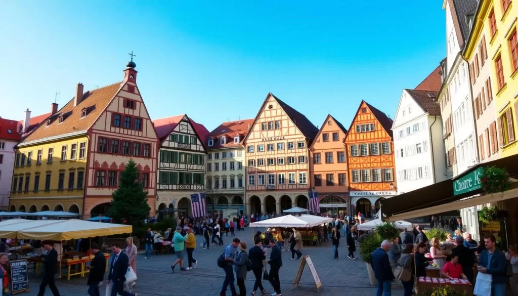 Image of Stadtplatz Steyr with its colorful buildings and bustling atmosphere