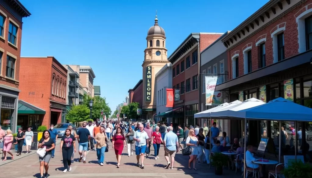 Image of State Street in Madison, WI, with people walking, shopping, and dining.