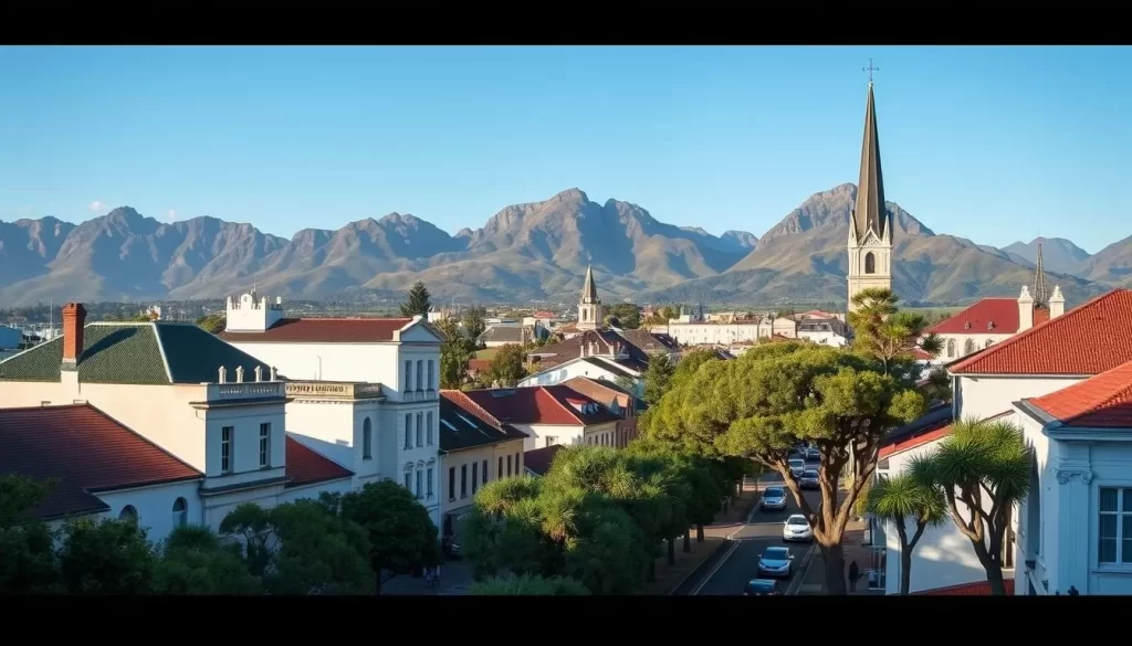 Image of Stellenbosch town with historic buildings and oak-lined streets