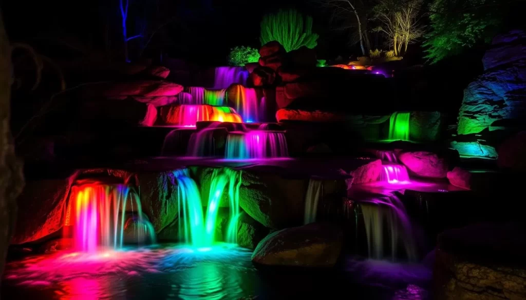 Image of Stepping Stone Falls at night with multicolored lights