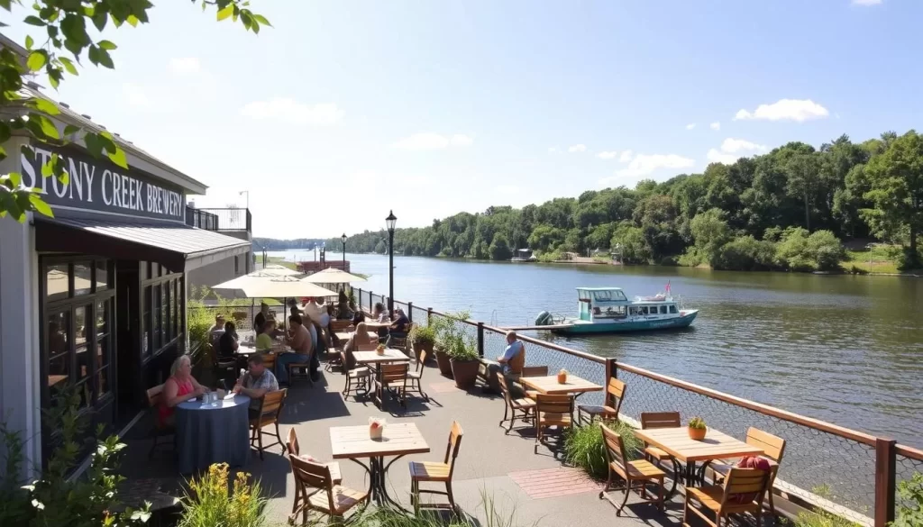 Image of Stony Creek Brewery's outdoor seating area along the Branford River