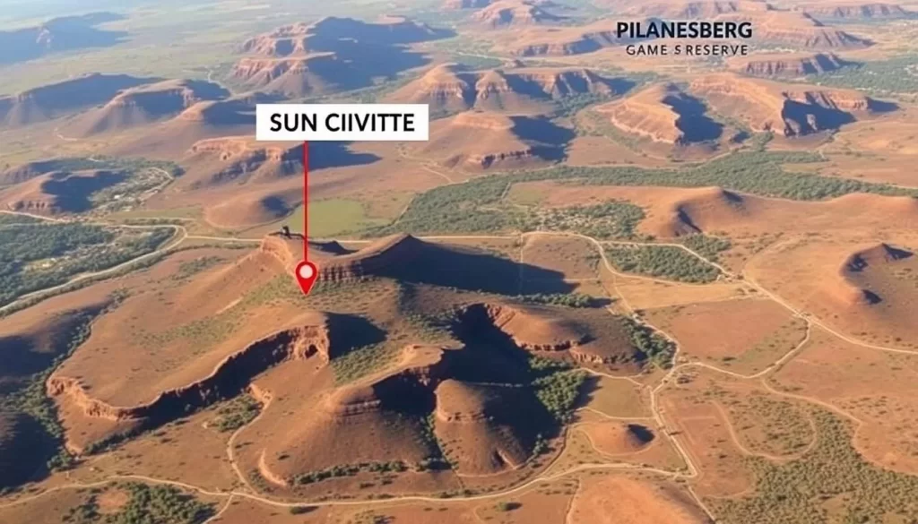 Image of Sun City's location near Pilanesberg Game Reserve