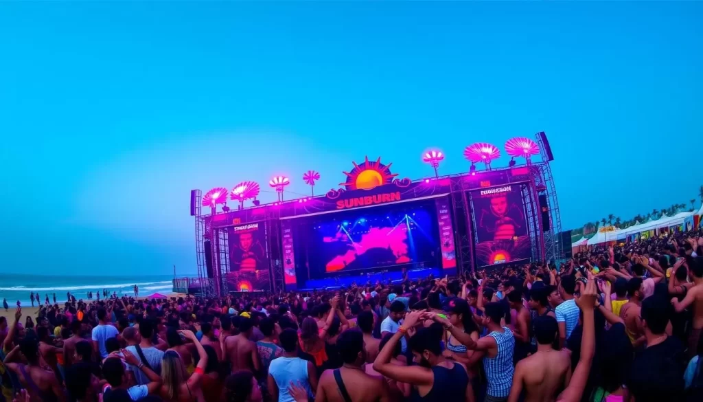 Image of Sunburn Festival crowd enjoying electronic dance music at Calangute Beach