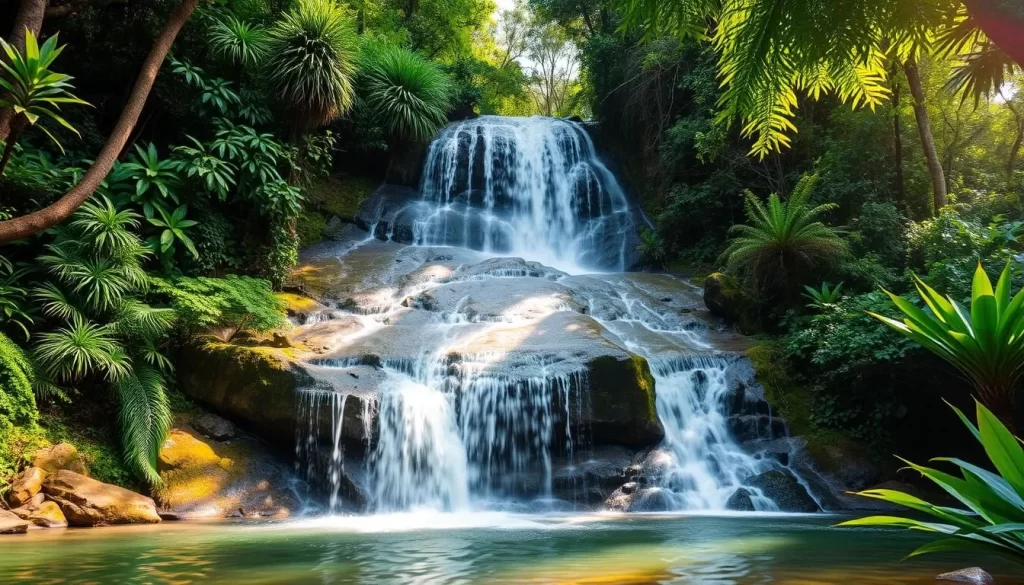 Image of Sungai Pandan Waterfall with cascading falls and lush jungle surroundings