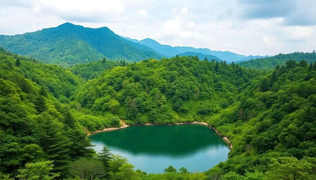 Image of Taipingshan National Forest Recreation Area with lush green forests and a serene lake