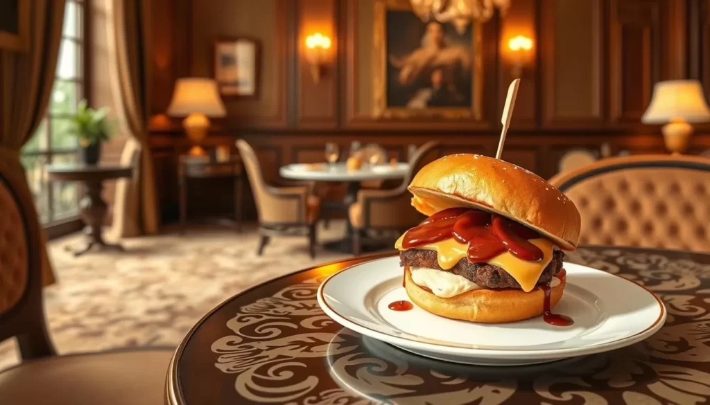 Image of The Brown Hotel's elegant room with a Hot Brown sandwich
