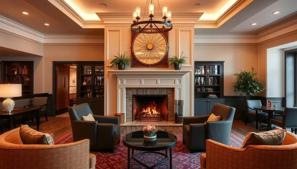 Image of The Grady Hotel's lobby with a cozy fireplace