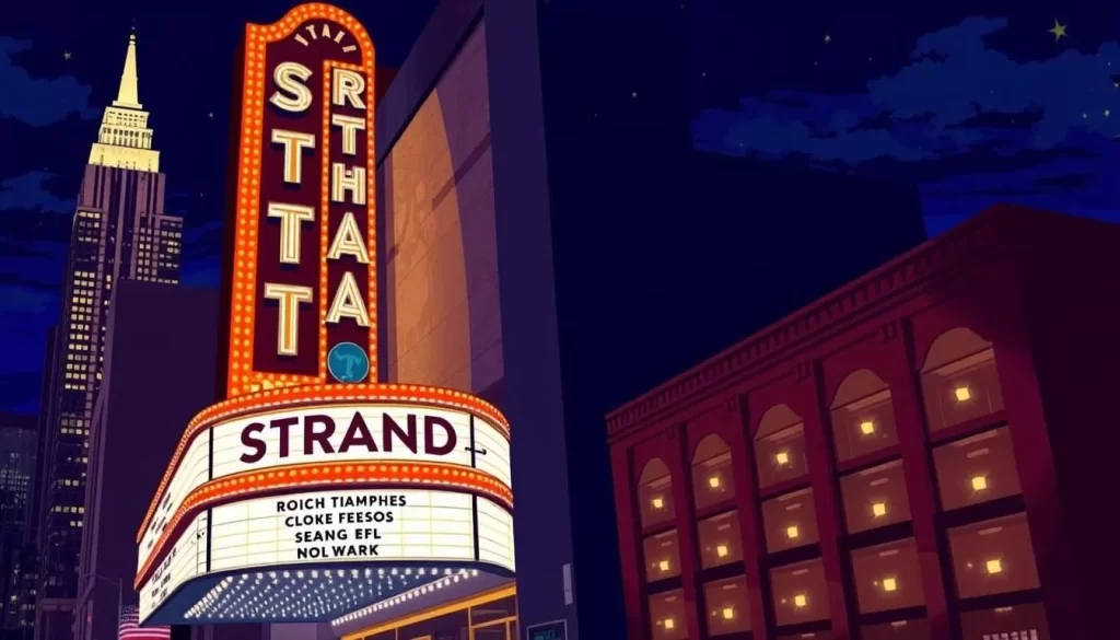 Image of The Strand Theatre's marquee with a current show or event listing