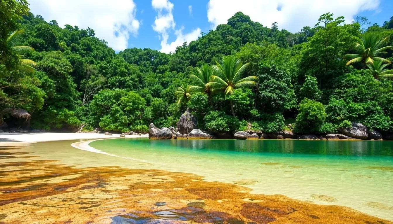 Image of Tiga Island National Park's pristine beach with lush rainforest in the background