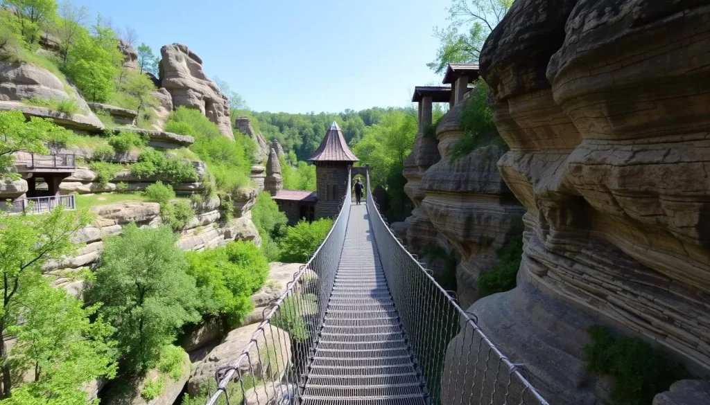 Image of Tishomingo State Park's swinging bridge and rock formations