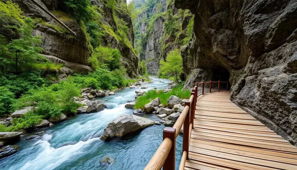 Image of Tokatlı Canyon with a wooden walkway and stream