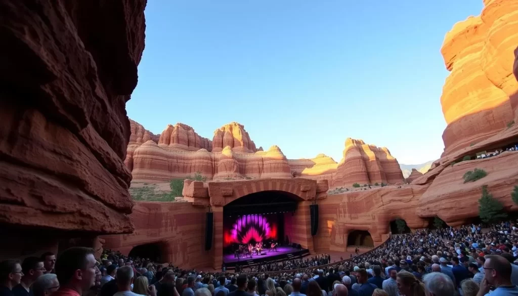 Image of Tuacahn Amphitheater during a performance, surrounded by red rock formations.
