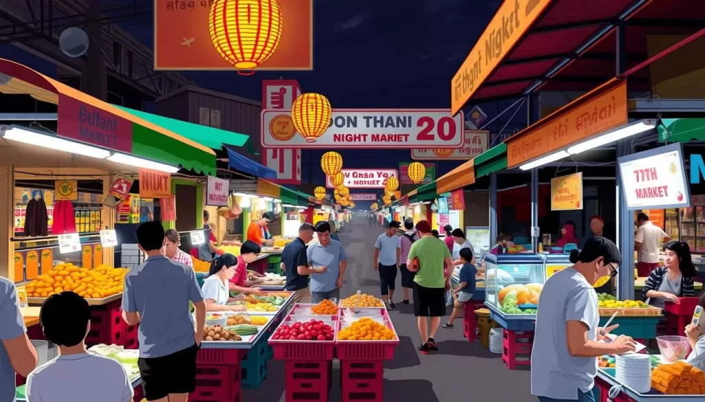 Image of Udon Thani Night Market with vibrant street food stalls and lively atmosphere