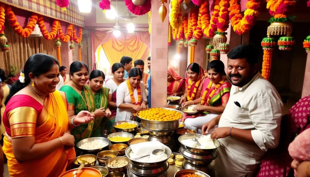 Image of Ugadi celebrations in Andhra Pradesh with people preparing traditional sweets and decorating homes.