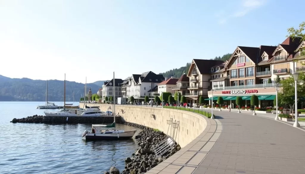 Image of Velden am Worthersee lakeside promenade with luxury hotels and a casino