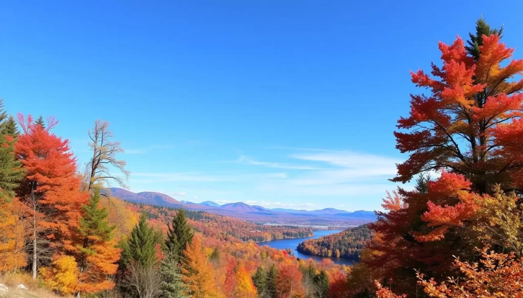 Image of Vermont's fall foliage with a mix of colorful trees and a scenic landscape