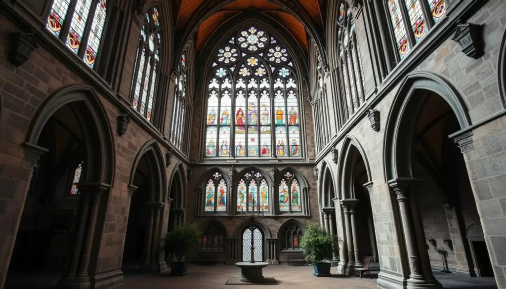 Image of Viktring Abbey's stunning stained glass and arcaded courtyards