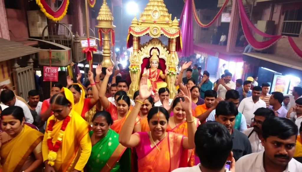 Image of Villianur Temple Car Festival procession with devotees and colorful decorations