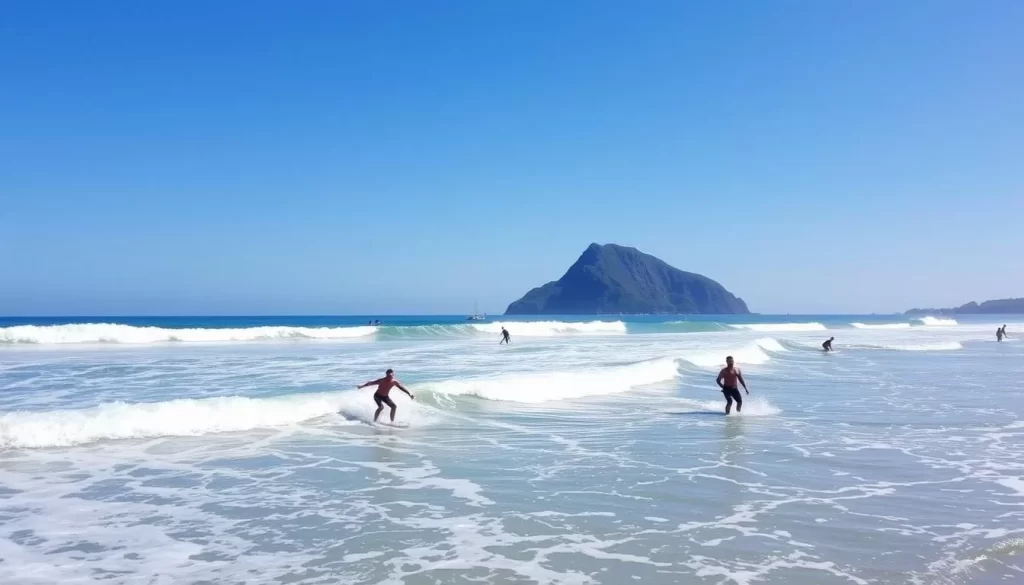 Image of Wai Ao Beach with surfers riding the waves and Turtle Island visible in the background.