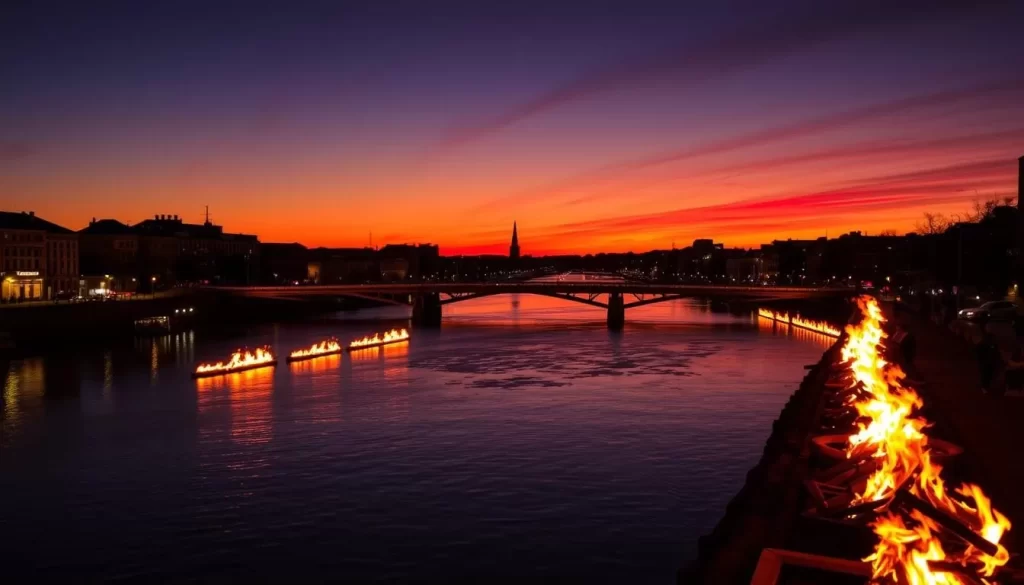 Image of WaterFire Providence at sunset with bonfires lit along the river