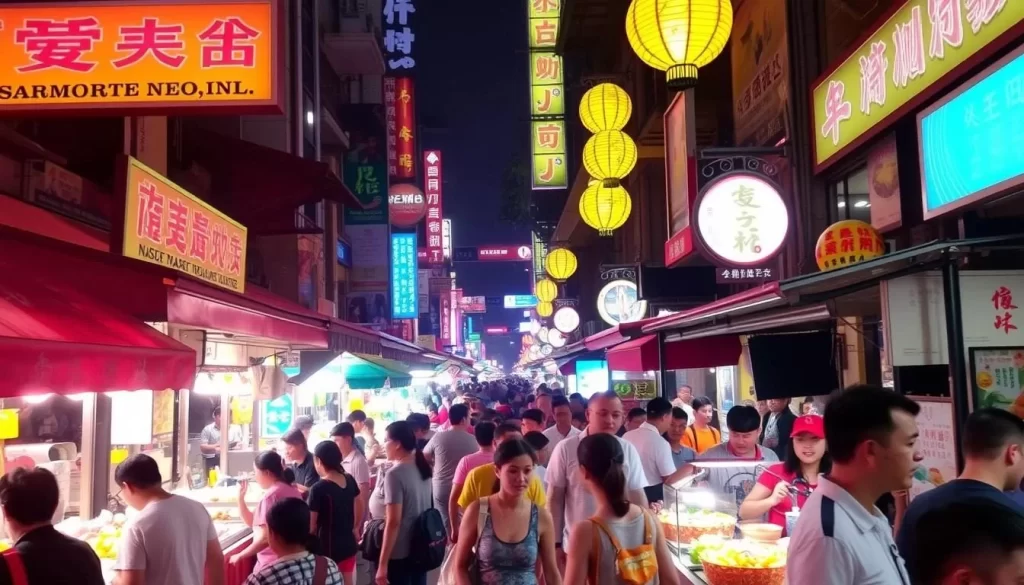 Image of Wenhua Road Night Market at night with various food stalls and shoppers.
