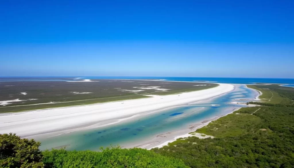 Image of West End Beach on Dauphin Island, showcasing its pristine natural surroundings and wide sandy beach