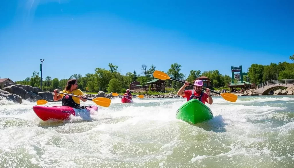 Image of Whitewater Express' RushSouth Whitewater Park with kayakers navigating through the rapids