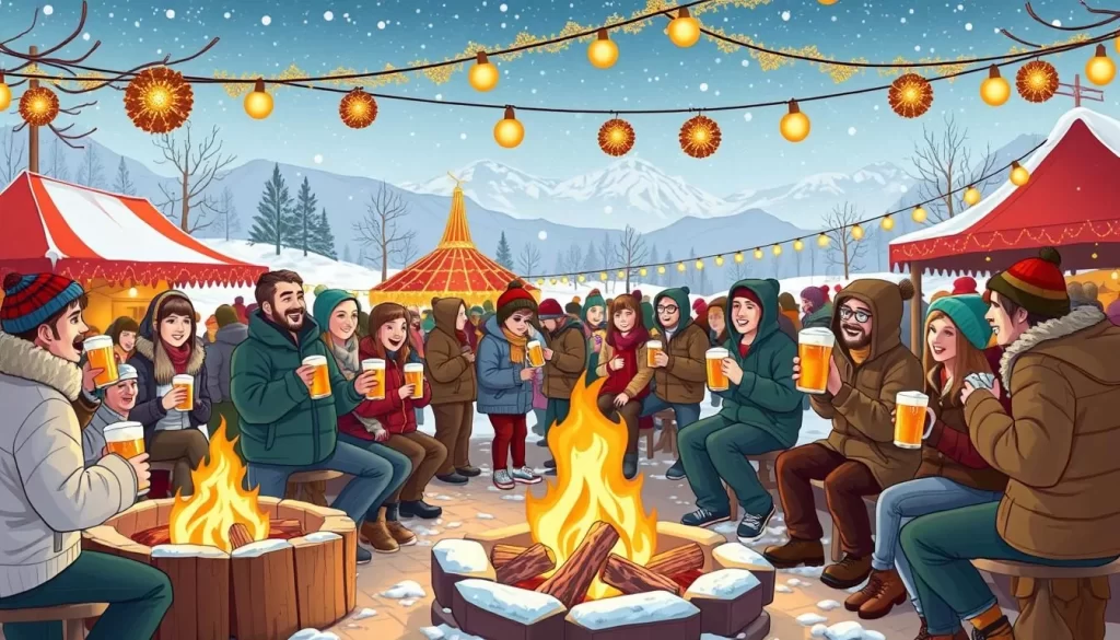 Image of Winterfest Beer Festival with attendees enjoying beers by fire pits
