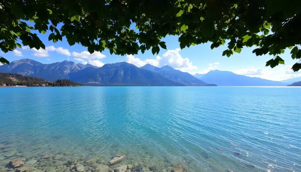 Image of Wörthersee with turquoise waters and surrounding Alps