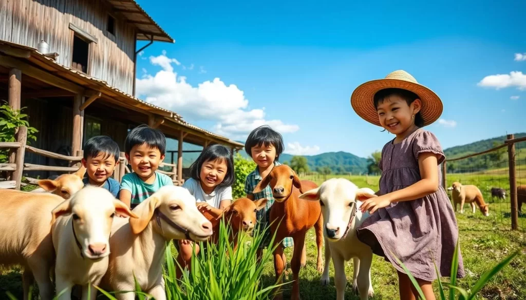 Image of Zhang Mei Ama's Farm with children interacting with animals