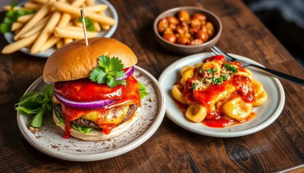 Image of Zielona Weranda's spicy burger and gnocchi