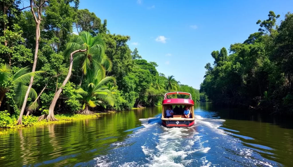 Image of a Kuantan River Cruise tour boat navigating through a mangrove forest
