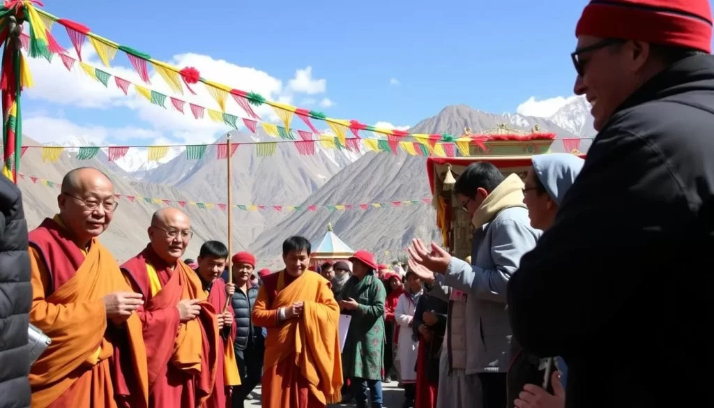 Image of a Ladakhi festival with monks and tourists gathered together, respecting local customs.