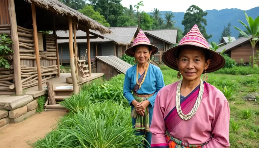 Image of a Long-neck Karen village, highlighting the traditional attire and lifestyle of the Kayan tribe.