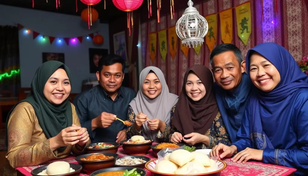 Image of a Malaysian family gathering during Hari Raya Aidilfitri, with traditional food and decorations.