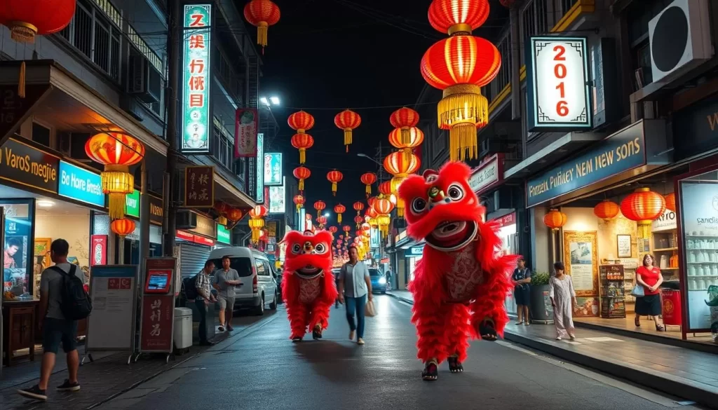 Image of a Malaysian street during Chinese New Year with decorations and lion dance performances