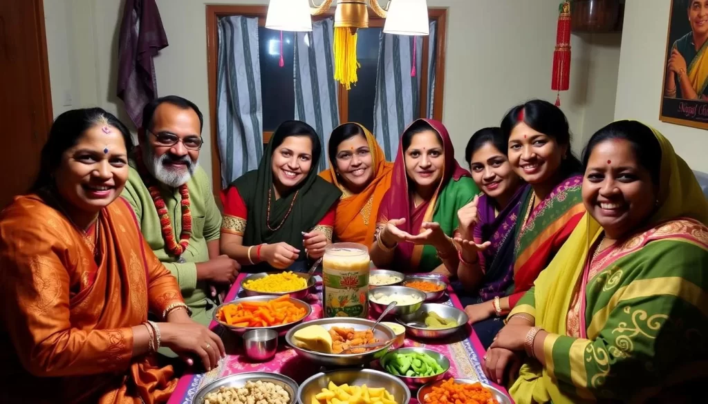 Image of a Manipuri family celebrating Ningol Chakouba with traditional attire and feasting