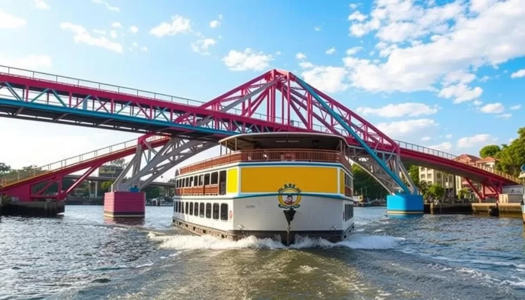 Image of a Melaka River Cruise boat passing under a colorful bridge